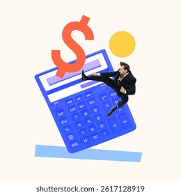 Contemporary art collage. Businessman kicks giant calculator with red dollar symbol in frustration, symbolizing financial instability. Concept of economic downturn, cost of living crisis, inflation.