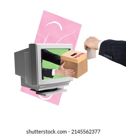 Contemporary art collage. Businessman putting voting paper into ballot box sticking out from retro computer motinor. Choosing right candidate to run he company. Online voting, election concept