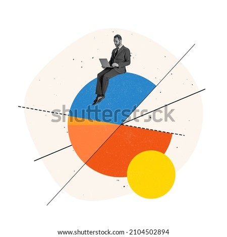 Contemporary art collage. Businessman sitting on pie chart and working in laptop, making business analytics. Concept of profitable trategy, company growth, success, statistics, finance