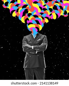 Contemporary art collage. Businessman in a suit with multicolored splash from head isolated over black starry background. Burst of creative ideas. Concept of imagination, artwork, inspiration, ad