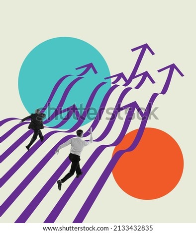 Contemporary art collage. Businessmen, motivated employees running upwards arrows symbolizing promotion and success. Concept of business, personal and professional growth, motivation, promotion