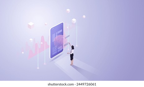 Contemporary art collage. Businesswoman standing in front of phone with charts, data and Internet sign against gradient background. Concept of business and virtual reality, technology, finance. Ad - Powered by Shutterstock