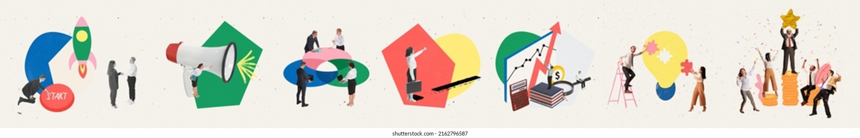 Contemporary art collage. Buysiness people, motivated employees working together on developing company success and growth. Startup launch. Concept of business, success, growth, analytics - Shutterstock ID 2162796587