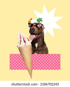 Contemporary Art Collage. Cheerful Happy Dog Eating Ice Cream On Beach. Summertime Vacation And Joy. Sunny Day. Concept Of Party, Fun, Creativity, Surrealism, Animal Design. Poster, Ad