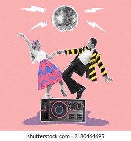 Contemporary art collage. Cheerful, stylish, young couple dancing on vintage music player isolated on pink background. Disco party. Concept of creativity, retro style, party, fun. Copy space for ad - Shutterstock ID 2180464695