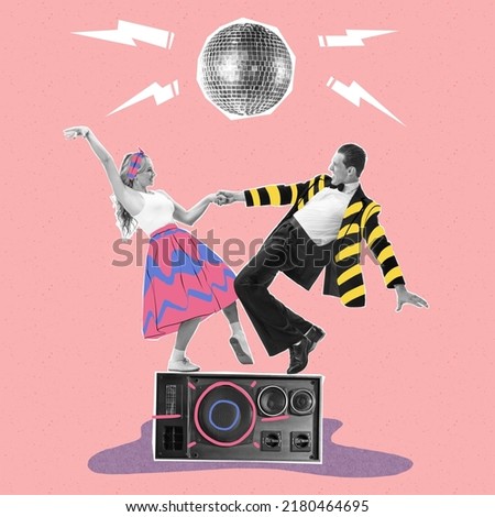 Contemporary art collage. Cheerful, stylish, young couple dancing on vintage music player isolated on pink background. Disco party. Concept of creativity, retro style, party, fun. Copy space for ad