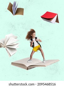 Contemporary art collage of child, girl flying on open book isolated over mint background. Schooling. Concept of education, childhood, book reading, discovery, artwork, inspiration and ad