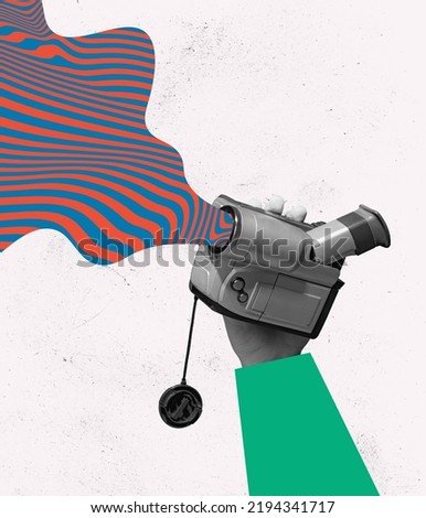 Contemporary art collage. Colorful image of retro video camera in human hands isolated over white background. Concept of art, vintage things, mix old and modernity. Copy space for ad