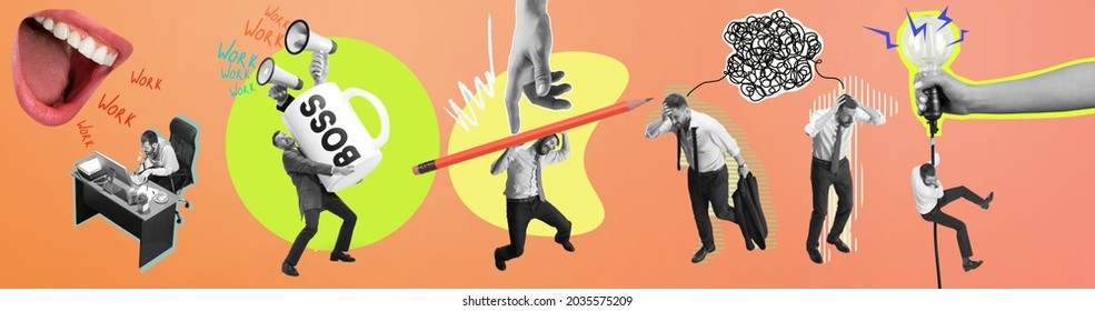 Contemporary art collage. Composition with angry abstract boss mouth shouting employeer, manager isolated over peach color background.. Business, work, caree concept. Horizontal flyer - Shutterstock ID 2035575209