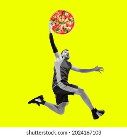 Contemporary art collage. Composition with male basketball player with pizza as ball. Healthy eating concept. Modern design, contemporary creative art collage. Trendy urban style.