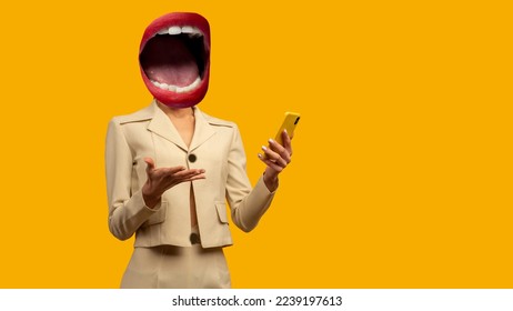 Contemporary art collage. Composition with young woman headed of female mouth using device gadget app smm post - Shutterstock ID 2239197613