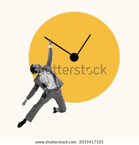 Contemporary art collage. Composition with young manager, leader jumping, trying to stop time. Concept of finance, economy, professional occupation, business and career.