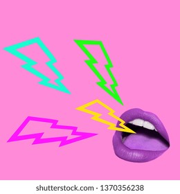 Contemporary art collage. Concept mouth with colorful thunders.