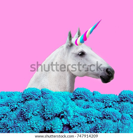 Contemporary art collage. Concept my unicorn life. White Unicorn in  dreams flowers