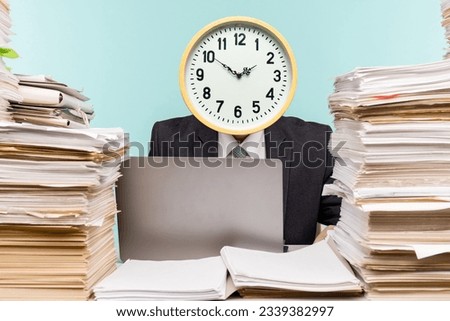 Contemporary Art Collage, Concept of time management. A male accountant or company manager with an clock instead of a head works in an office in view of the accumulated paper work.