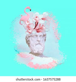 Contemporary Art Collage. Concept Trendy Greek Statue And Blooming Vibes