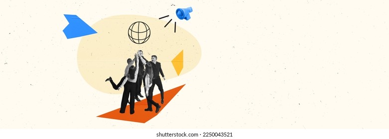 Contemporary art collage. Conceptual design. Successful work of the team. Launching startup. Partnership. Banner. Concept of business, career development, teamwork, success and growth - Shutterstock ID 2250043521