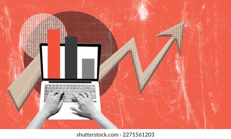 Contemporary art collage. Conceptual design. Human hands working on laptop. Graphs and analytics. Growing financial success of company. Concept of business, career development, innovations, IT support - Powered by Shutterstock