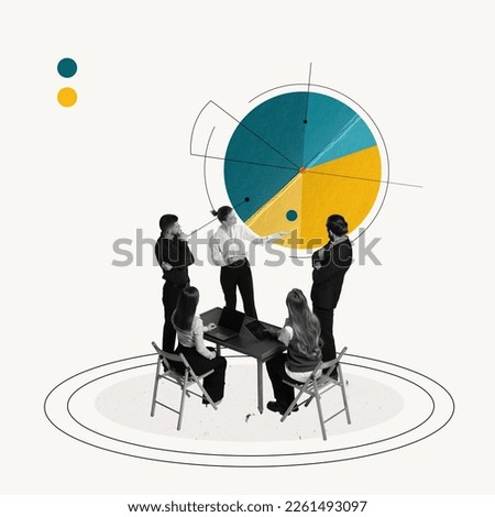 Contemporary art collage. Conceptual design. Meeting. Employees having briefing, discussing current working statistics, analyzing working strategies. Concept of business, career development, teamwork