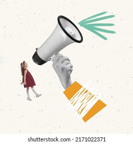 Contemporary art collage. Conceptual image. Female hand holding big megaphone, little girl, child shouting in it. Freedom of expression. Concept of childhood, help, education, retro style, emotions - Shutterstock ID 2171022371