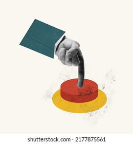 Contemporary art collage. Conceptual image with male hand pressing red button isolated over grey background. Project launching. Concept of business, career development, success, creativity - Shutterstock ID 2177875561