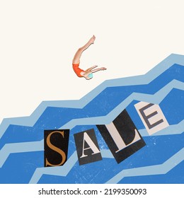 Contemporary Art Collage. Conceptual Image Of Young Girl Diving Into Sea Of Big Sales. Great Shopping. Concept Of Shopping, Black Friday, Big Sales, Buying Products. Copy Space For Ad, Poster