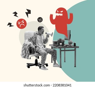 Contemporary Art Collage. Conceptual Image With Man Shouting In Anger Because Of Internet Hate. Concept Of Social Problems, Psychology, Bullying, Cyberbullying, Depression, Abuse. Poster, Ad