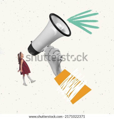 Contemporary art collage. Conceptual image. Female hand holding big megaphone, little girl, child shouting in it. Freedom of expression. Concept of childhood, help, education, retro style, emotions