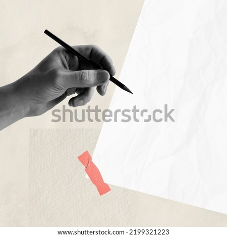 Contemporary art collage. Conceptual image of male hand with pencil and blank paper. Creation of story. Making notes and sketches. Concept of art, creativity, imagination, fantasy expression, talent