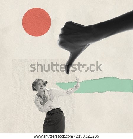 Contemporary art collage. Conceptual image. Female hand showing gesture of dislike, thumb down. Sad woman. Concept of business, emotions, feedback, cancellation, disagreement