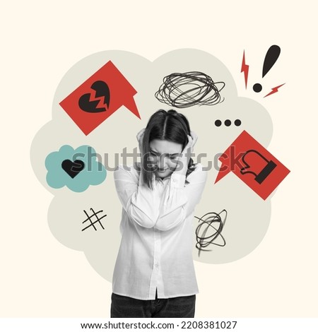 Contemporary art collage. Conceptual image with young woman covering ears in emotional stress. Social media hate. Concept of social problems, psychology, bullying, cyberbullying, abuse. Poster, ad