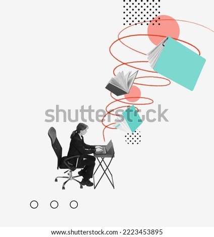Contemporary art collage. Conceptual image. Young woman writing scientific report on laptop. Search of information. Concept of education, online studying, knowledge development, information