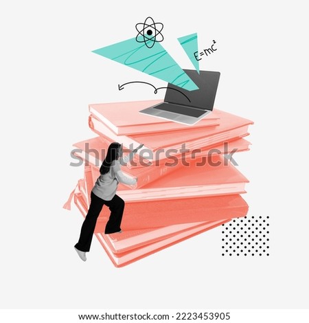 Contemporary art collage. Conceptual image. Young motivated girl, student climbing up the book to laptop. Information search. Concept of education, online studying, knowledge development, information