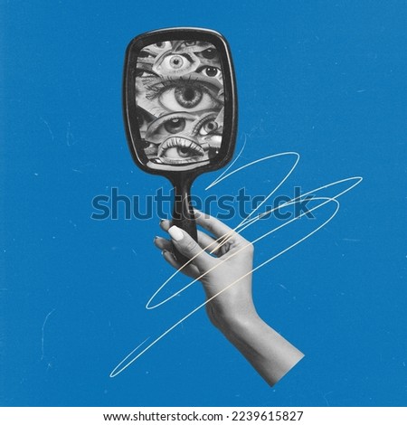 Contemporary art collage. Conceptual image. Female hand holding mirror with many human eyes. Social opinion and influence. Concept of inner world, social influence, psychology, diversity. Surrealism.