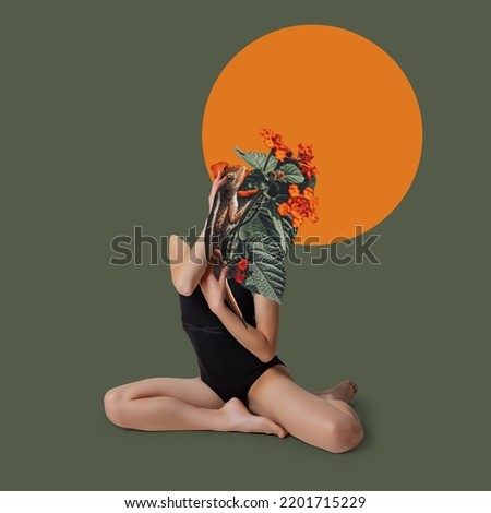 Similar – a girl with blue eyes and long hair covering herself with a gerbera flower