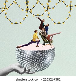 Contemporary art collage. Creative colorful design. Group of young people dancing on disco ball, having party, celebration. Stylish retro costumes. Concept of beauty, fashion, party time, meeting - Shutterstock ID 2165269381