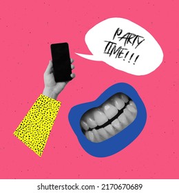 Contemporary Art Collage. Creative Colorful Design. Mobile Phone Ringing With Party Invitation Isolated Over Pink Background. Friday Night Out. Concept Of Surrealism, Fun, Creativity