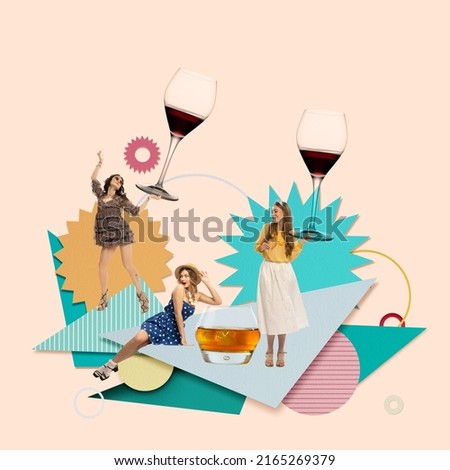 Contemporary art collage. Creative colorful design. Group of young stylish woman in vintage dresses celebrating birthday. Cheerful party time. Dancing, talking, drinking wine. Concept of celebration