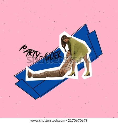 Contemporary art collage. Creative colorful design. Young girl carrying on bed sleeping boy isolated over pink background. After party mood. Concept of surrealism, fun, creativity. Good time