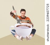Contemporary art collage. Creative design. Young girl in colorful sweater sitting with giant cup with tea. Relaxation. Concept of hot drinks, coziness, taste, emotions, lifestyle. Poster, ad