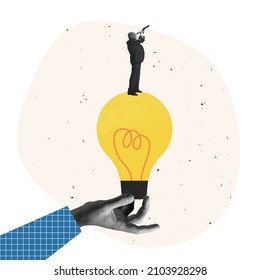 Contemporary art collage. Creative design. Businessman standing on lightbulb and looking in telescope.Future prediction. Concept of business, career growth, motivation, planning, ideas, ad - Shutterstock ID 2103928298