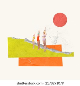 Contemporary art collage. Creative design. Three women in swimming suits preparing to dive. Swimming hobby. Concept of summer, mood, creativity, imagiation, party, fun. Copy space for ad, poster - Shutterstock ID 2178291079