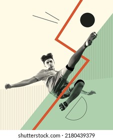 Contemporary Art Collage. Creative Design With Young Man, Football Player In Motion, Training. Kicking Ball. Concept Of Creativity, Action, Energy, Sport, Competition And Ad. Poster, Flyer