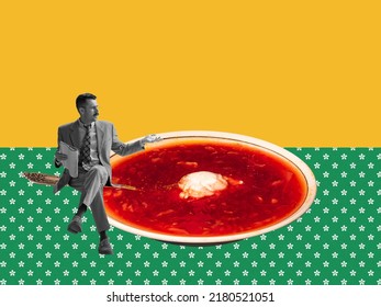 Contemporary Art Collage. Creative Design. Serious Man Sitting Ion Big Plate With Traditional Ukrainian Dish, Borshch. News Reading. Concept Of Surrealism, Creativity, Pop Art, Food. Copy Space For Ad