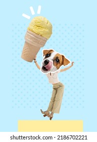 Contemporary Art Collage. Creative Design With Woman With Cute Dog's Head Eating Ice Cream Isolated On Blue Background. Concept Of Party, Fun, Creativity, Surrealism, Animal Design. Poster, Ad