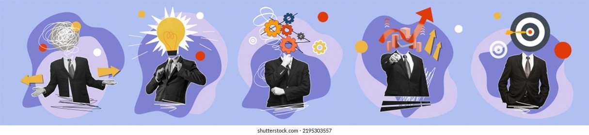 Contemporary art collage. Creative design. Businessmen, office managers working on professional success. Developing profitable business strategies. Concept of brainstorming, win, growth, success - Shutterstock ID 2195303557