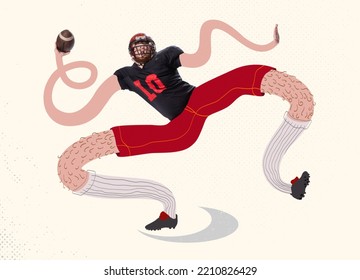 Contemporary Art Collage. Creative Design With Young Man, Rugby, Soccer Player With Long Legs And Hands Throwing Ball. Concept Of Creativity, Surrealism, Imagination. Copy Space For Ad, Poster