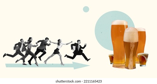 Contemporary Art Collage. Creative Design. Group Of Business People Running To Big Foamy Beer Glass. Friday Chill. Concept Of Party, Fun, Celebration, Creativity. Copy Space For Ad, Text