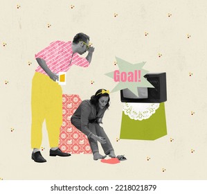 Contemporary Art Collage. Creative Design In Retro Style. Young Woman, Wife Painting Nails, Man Watching Football On TV And Drinking Beer. Concept Of Family, Relationship, Vintage, Lifestyle.