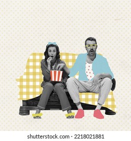 Contemporary art collage. Creative design in retro style. Beautiful young couple, man and woman sitting on sofa and watching movie with excitement. Concept of family, relationship, vintage, lifestyle. - Powered by Shutterstock